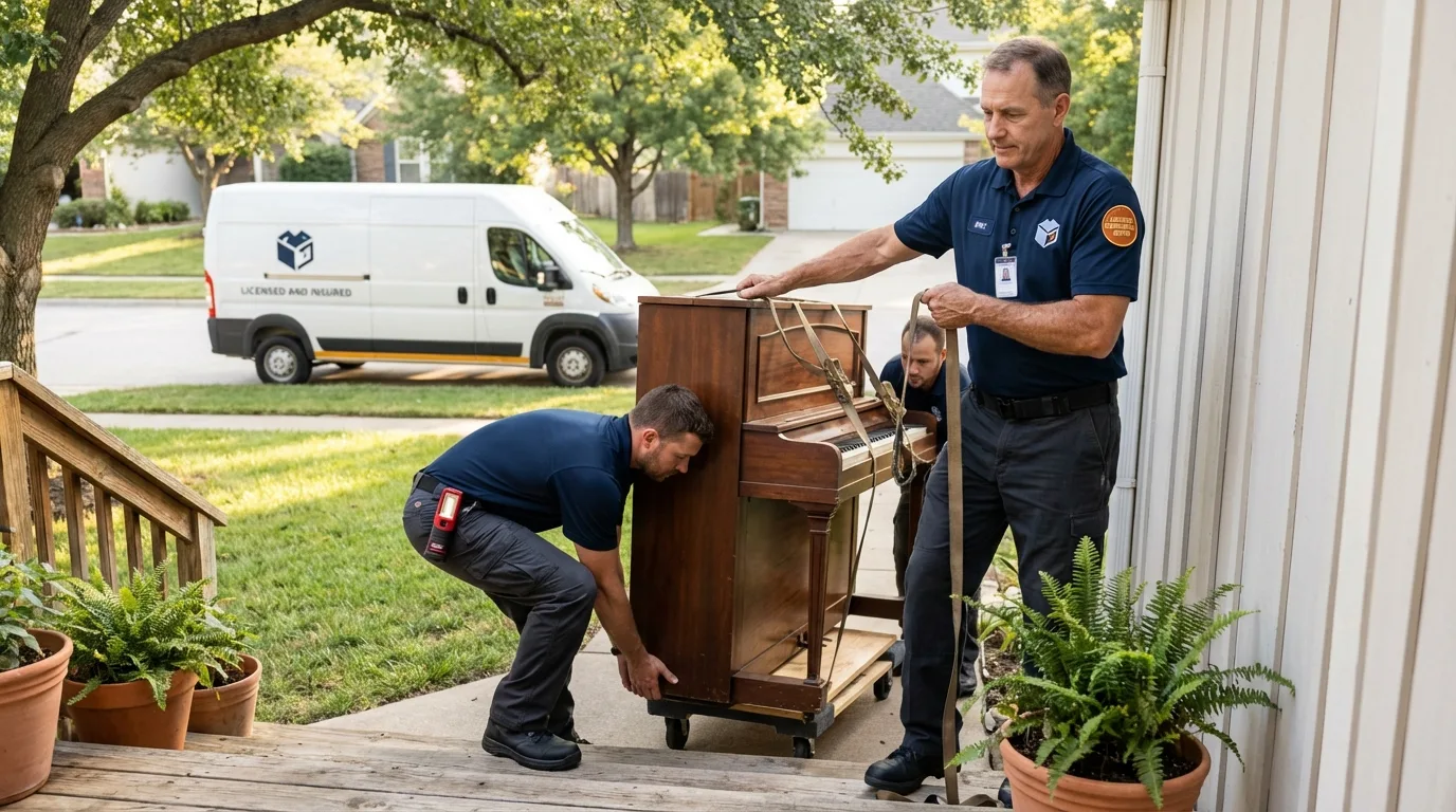 Licensed piano movers securing grand piano in Luther, OK