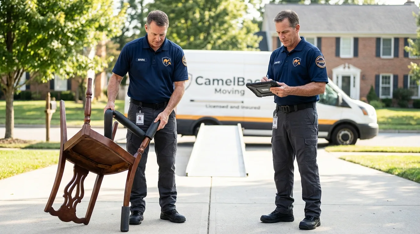 Movers inspecting furniture for damage prevention before loading in Luther, OK