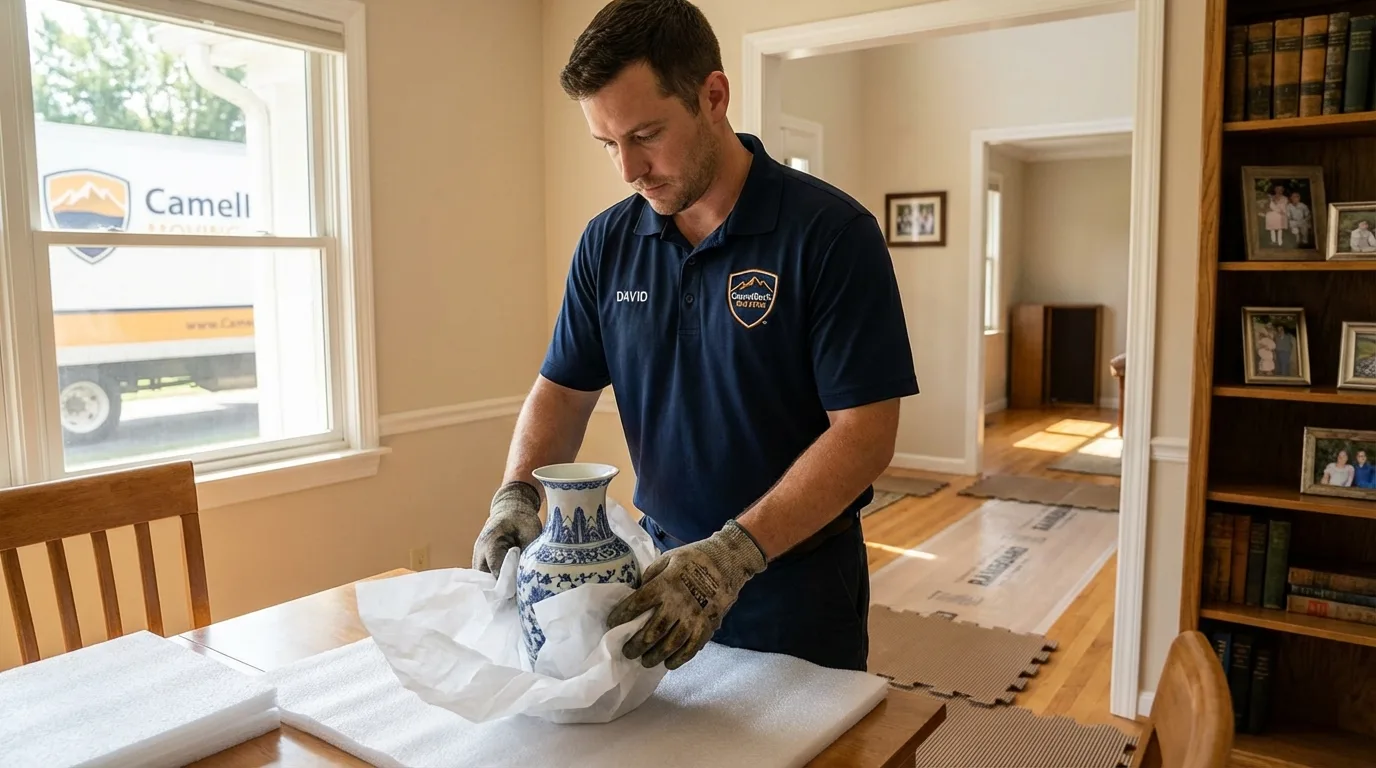 Professional crew carefully wrapping antique vase for senior downsizing move in Luther, OK